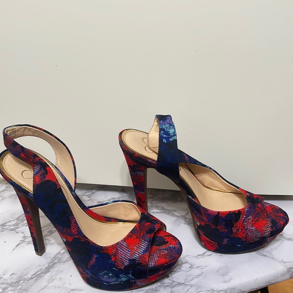 Jessica Simpson multi color blue and red high heels shoes with the Platform